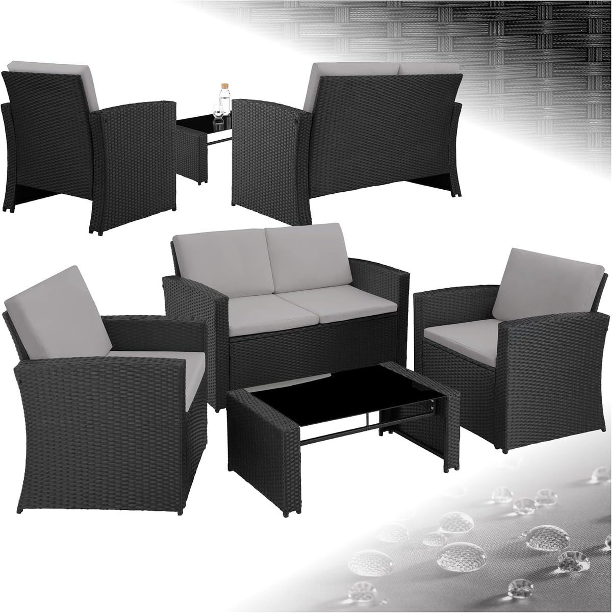 conjunto de muebles de jardín, tectake, Conjunto Jardín de Ratán y Acero, Muebles Jardín Exterior, Conjunto Terraza Resistente a Intemperie, Gris