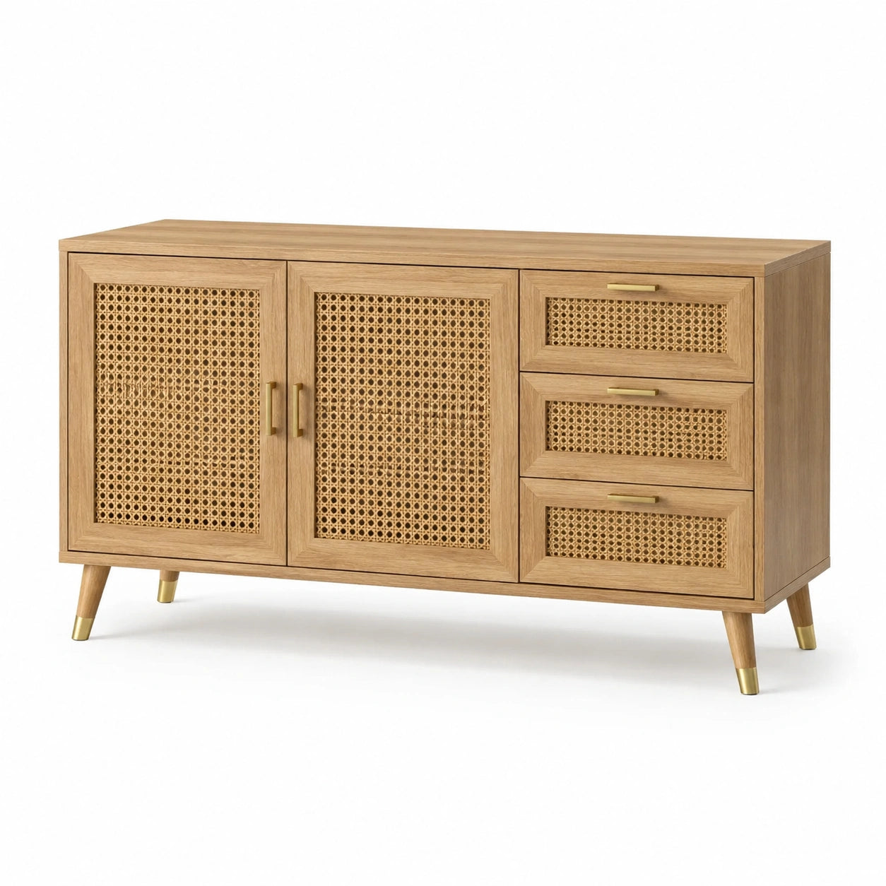 Aparador de madera con puertas de ratán y 3 cajones