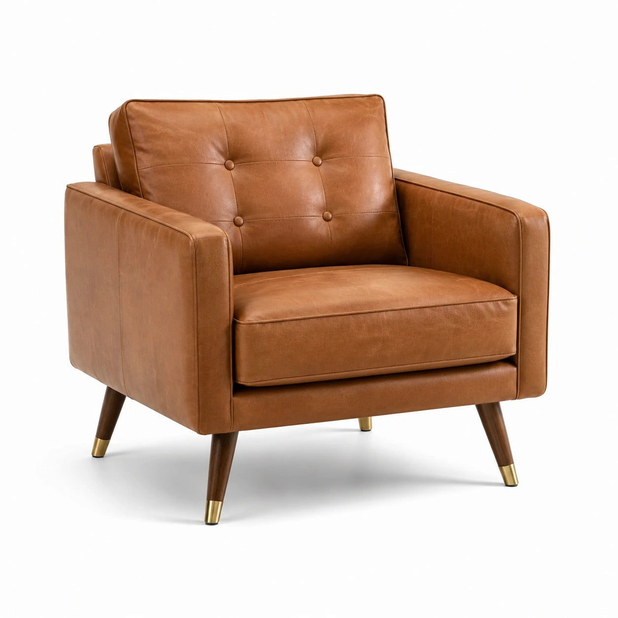 Sillón de cuero sintético marrón con patas de madera