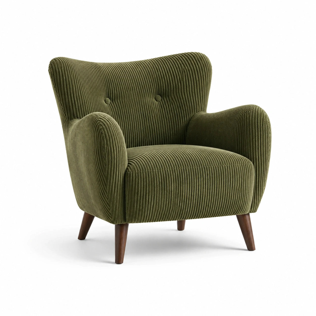 Sillón de pana verde con patas de madera