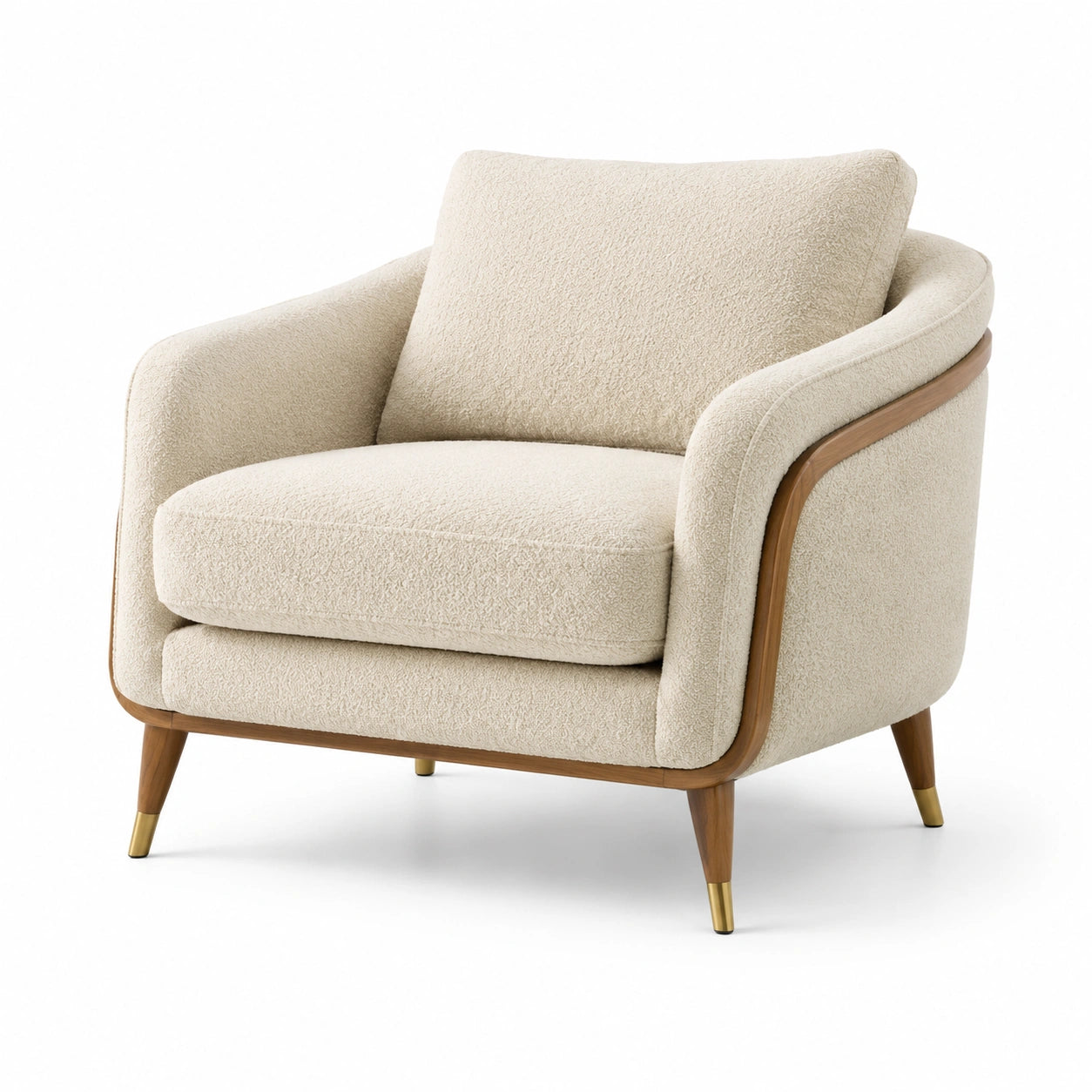 Sillón beige de tela bouclé con estructura de madera y patas metálicas