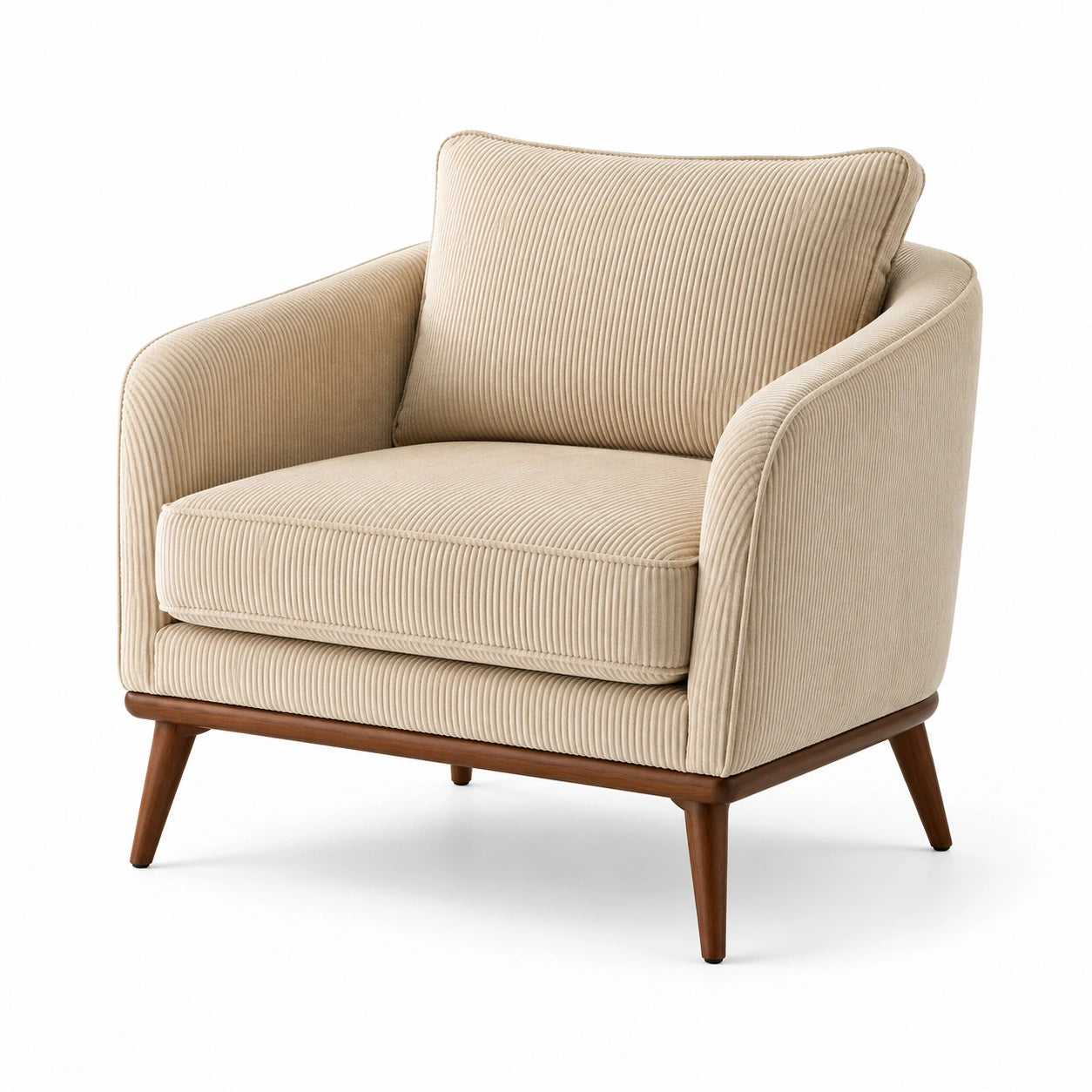 Sillón de pana beige con patas de madera