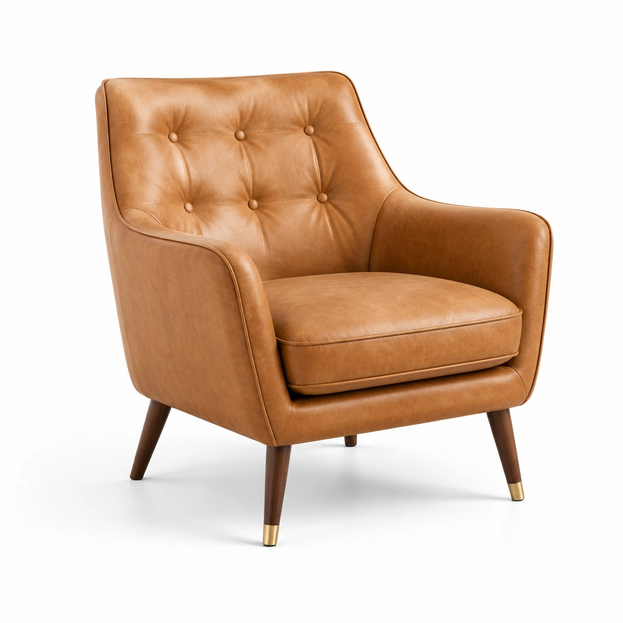 Sillón de piel sintética marrón con patas de madera y detalles metálicos