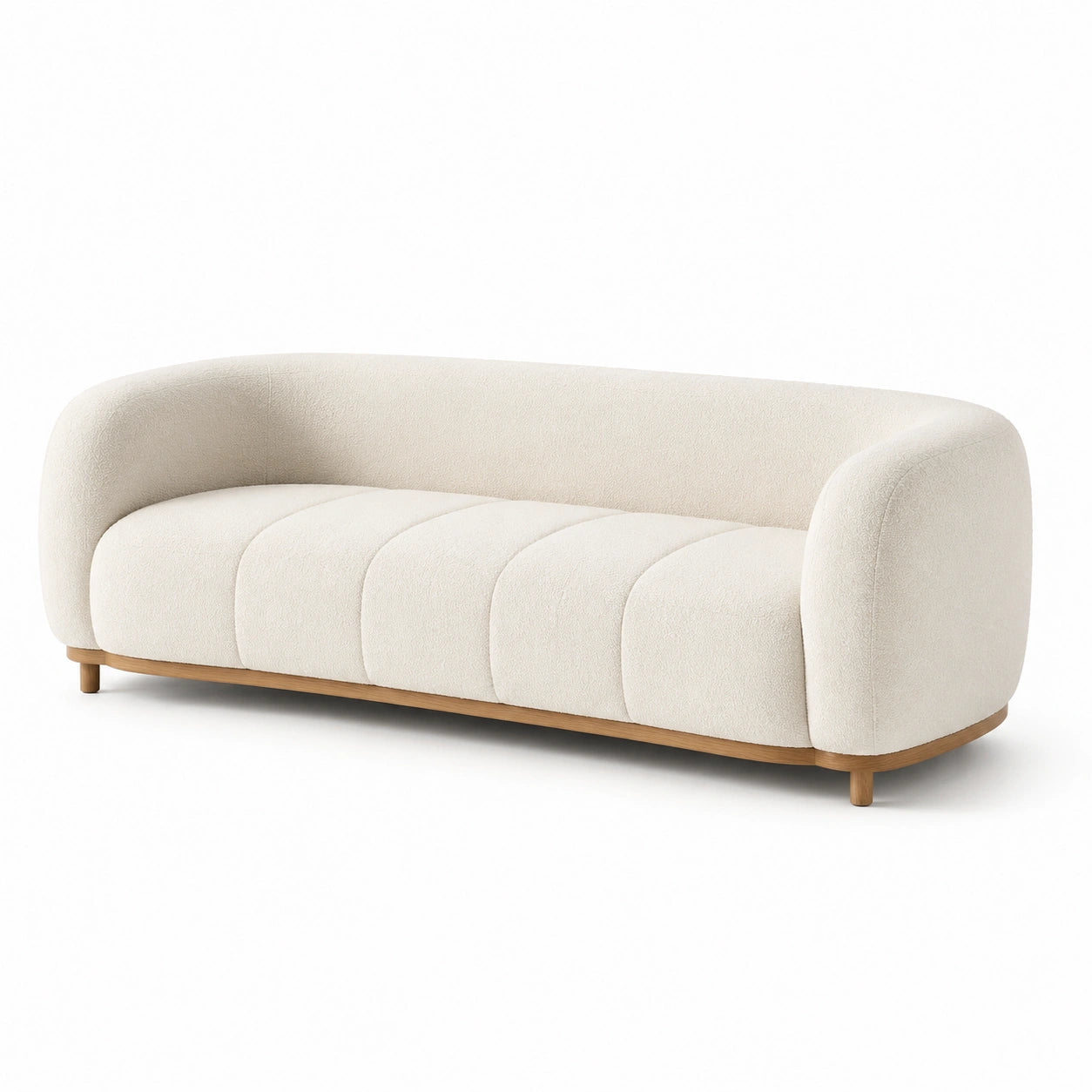 Sofá de 3 plazas curvo beige con tela bouclé y estructura de madera
