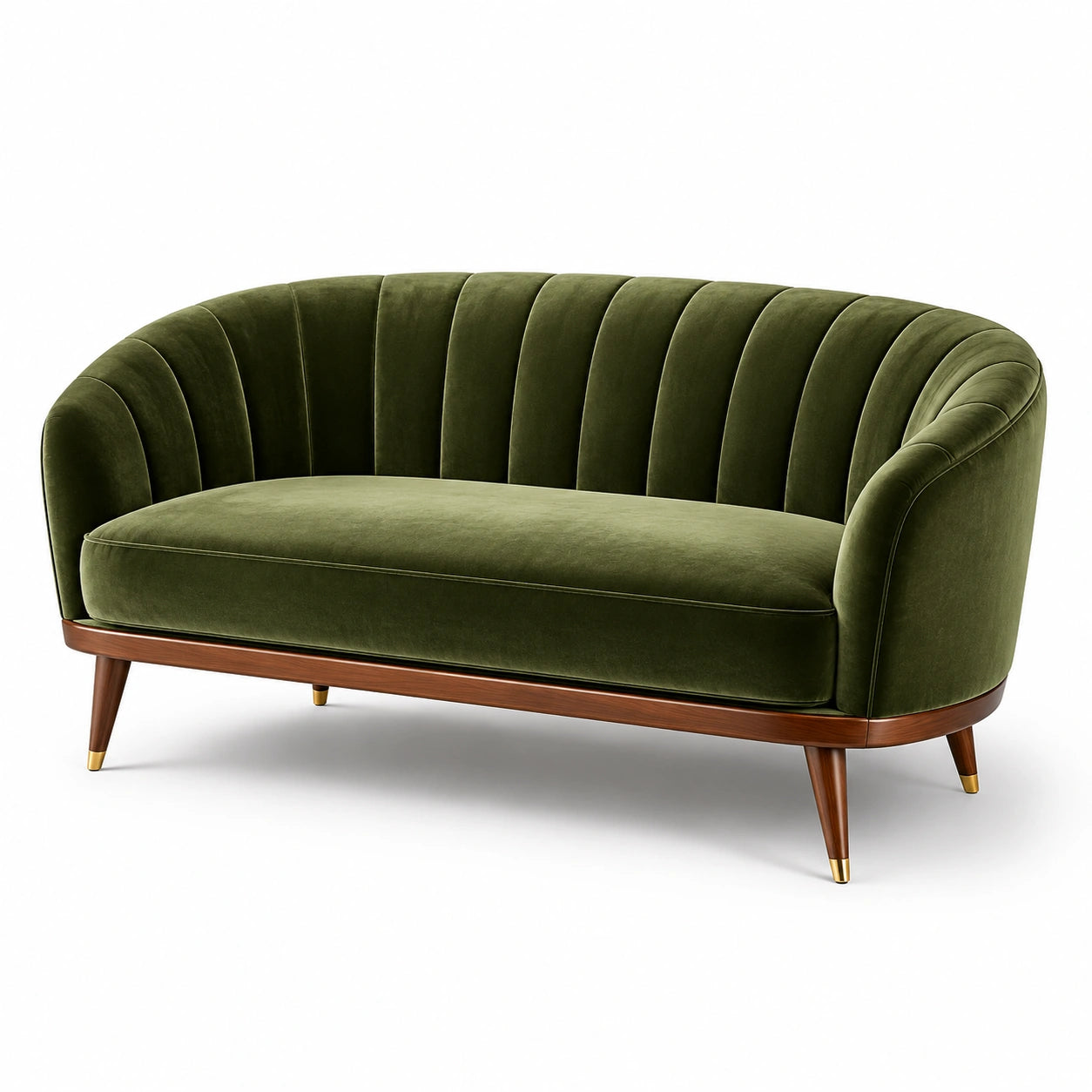 Sofá de terciopelo verde con patas de madera y detalles dorados