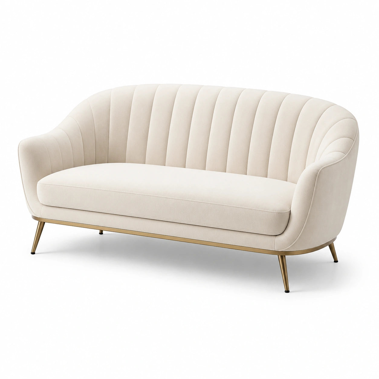 Sofá de 3 plazas de terciopelo beige con patas de metal dorado