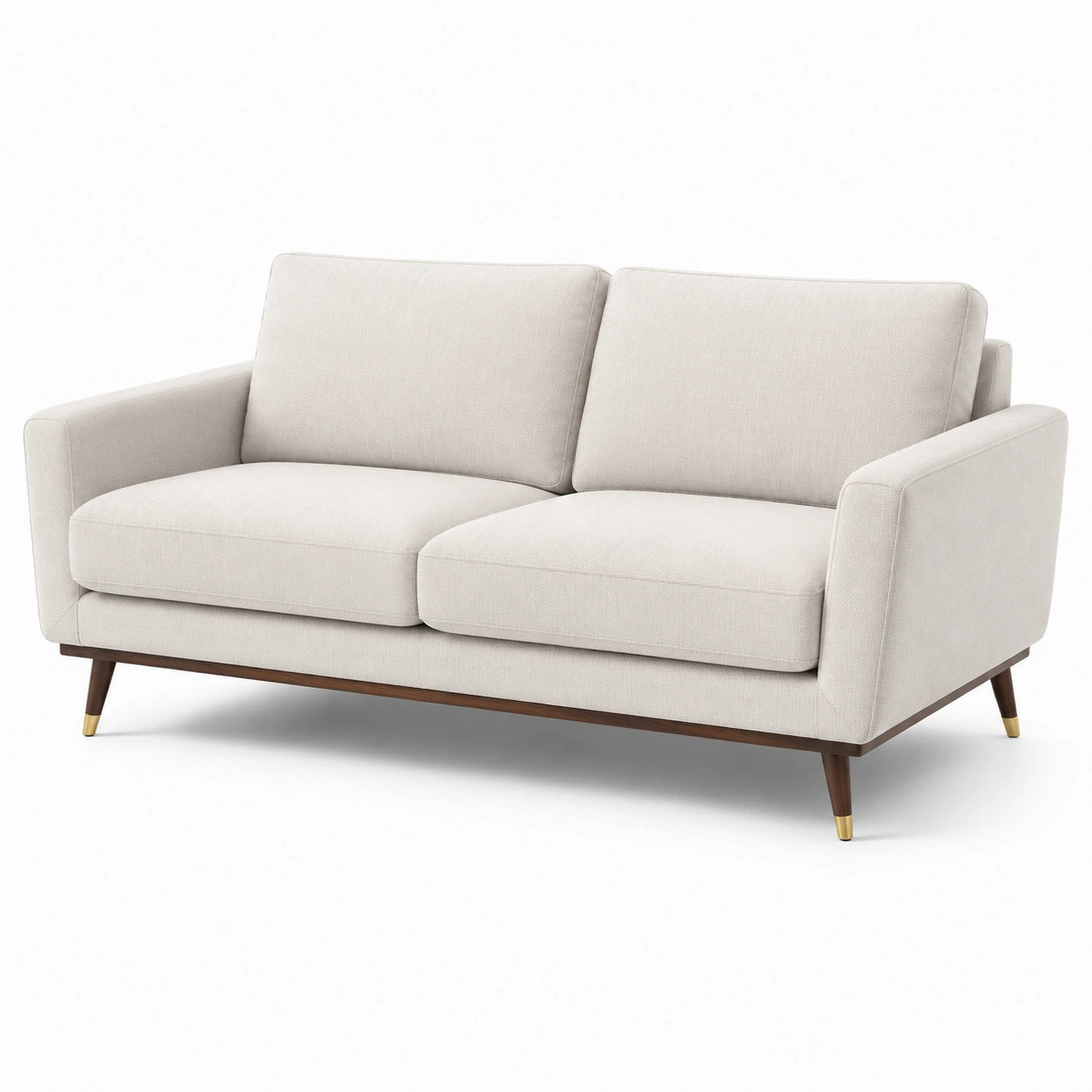 Sofá de dos plazas de poliéster beige con patas de madera
