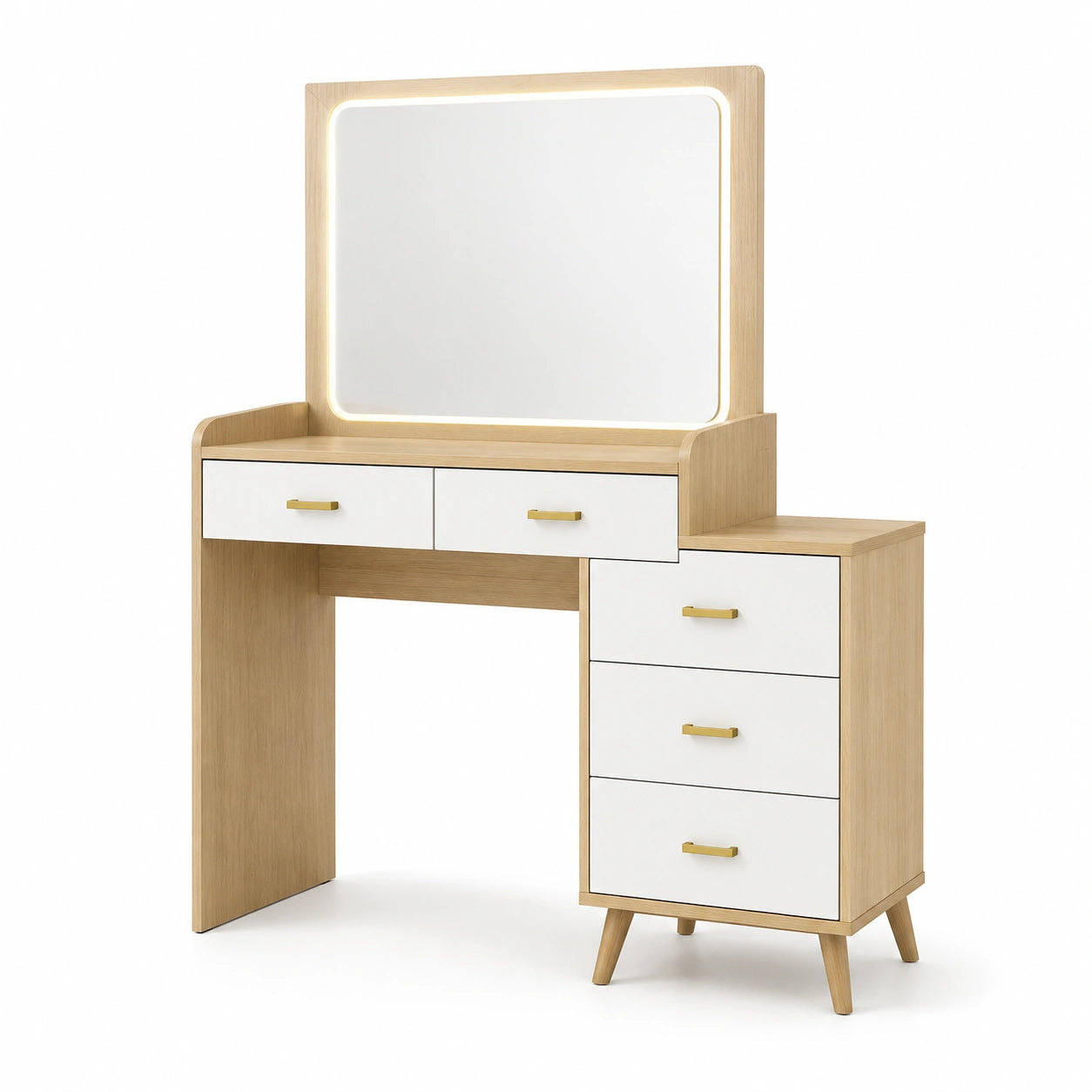Tocador de madera de roble claro y blanco con espejo LED y cajones