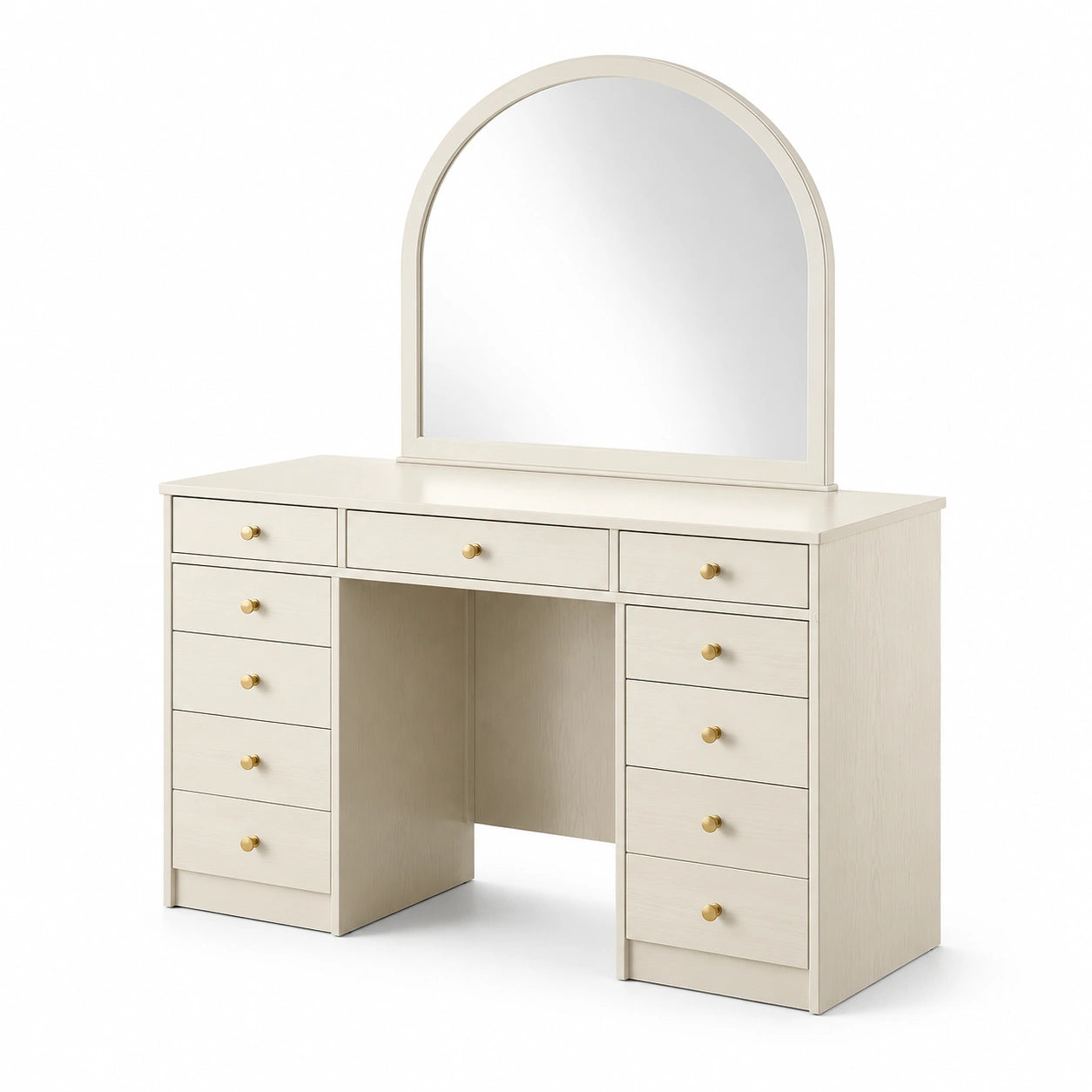 Tocador de madera con espejo de arco y 11 cajones en blanco
