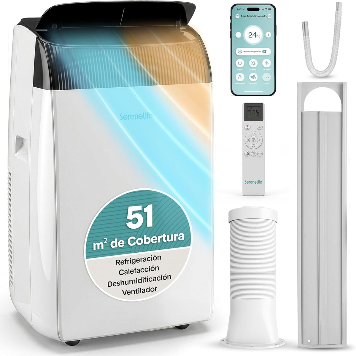 aire acondicionado portátil, SereneLife, 12000 BTU con WiFi y Calefacción, Climatizador 4 en 1 con Deshumidificador y Ventilador, Modo Noche