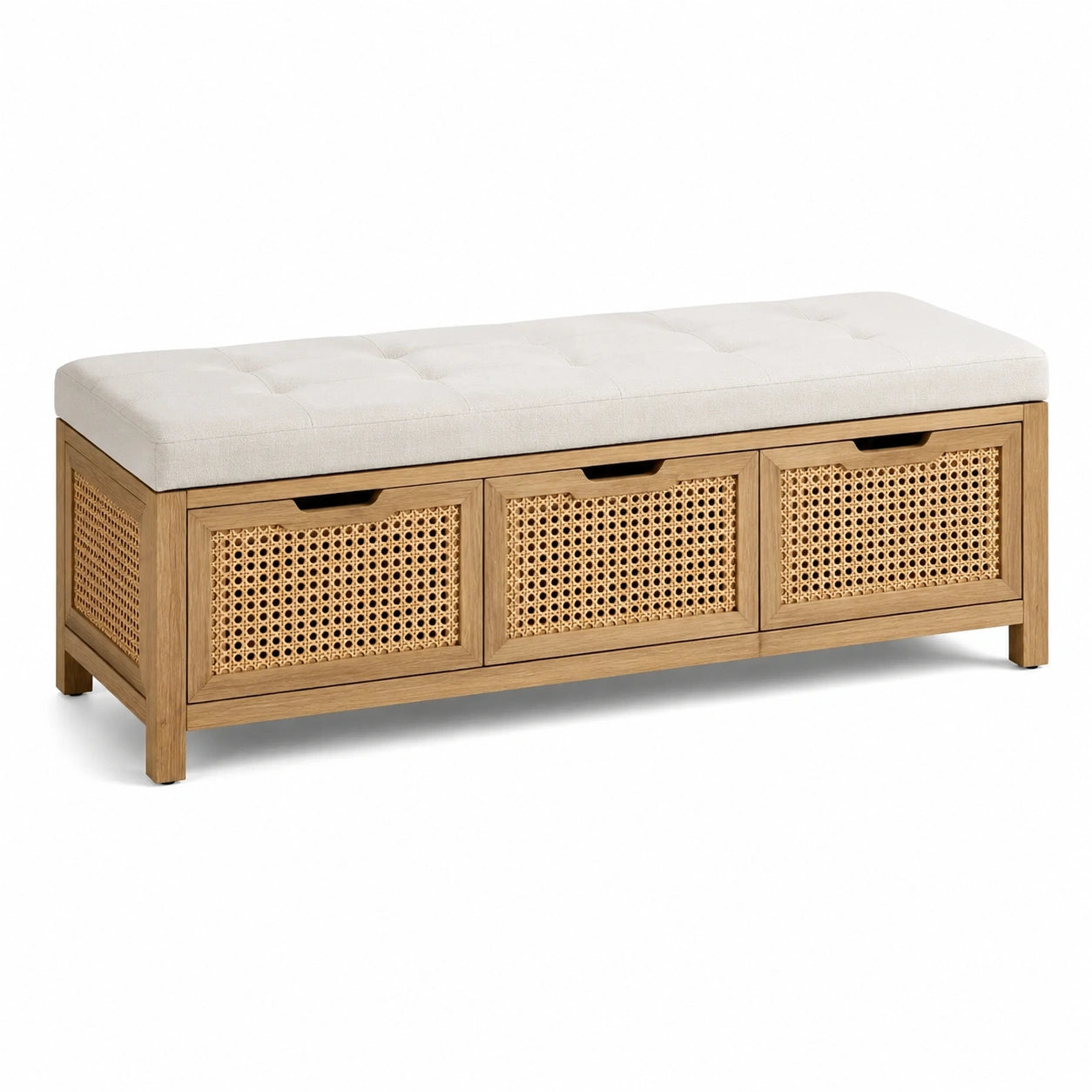 Banco de madera y ratán con asiento tapizado en beige