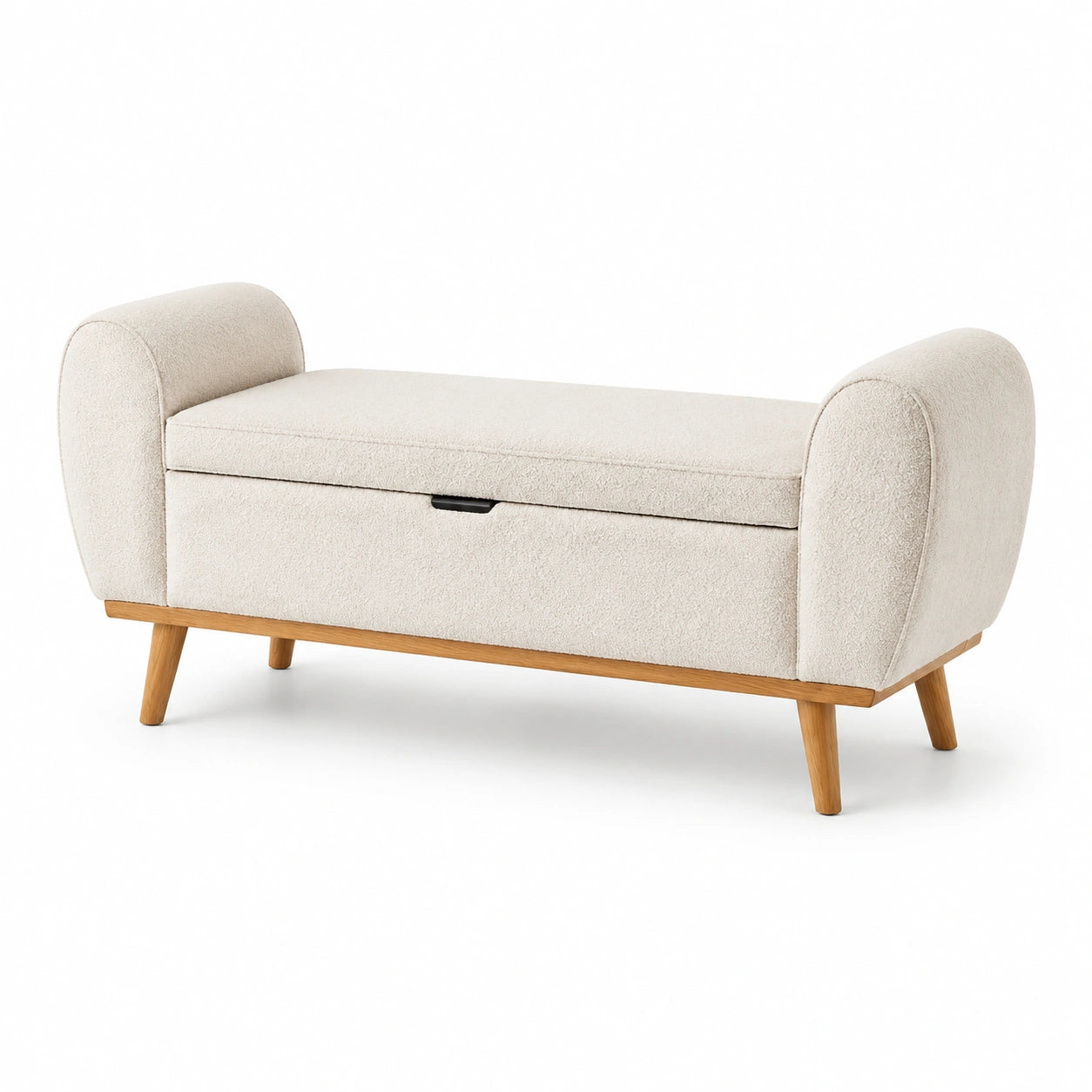 Banco de almacenamiento de poliéster beige con patas de roble