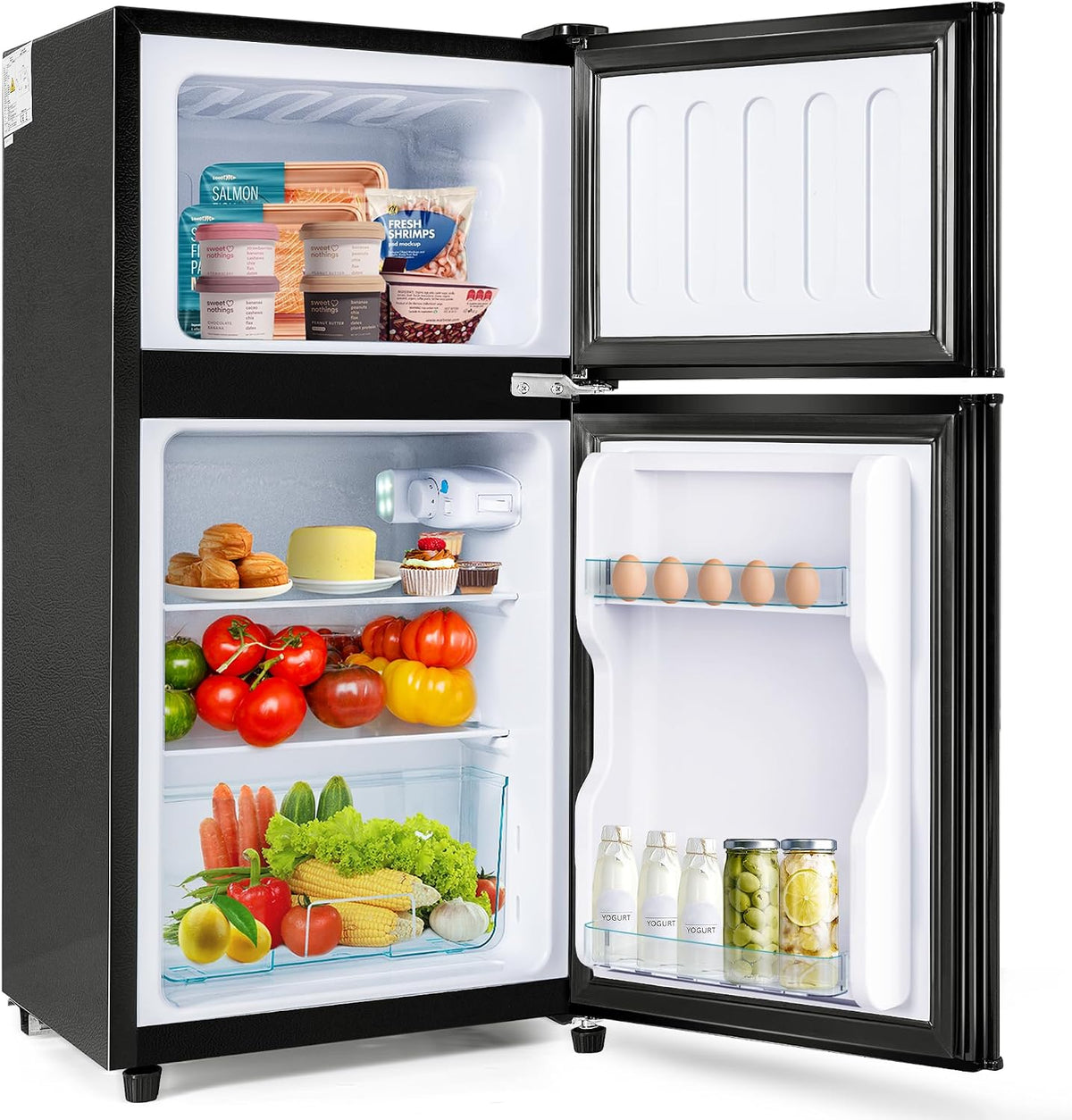 frigorífico combi, Oslghy, Frigorífico Mini 60L, Frigorifico Pequeño con Congelador (22+38L), 102 kWh, -27°C∽13°C (Black), año