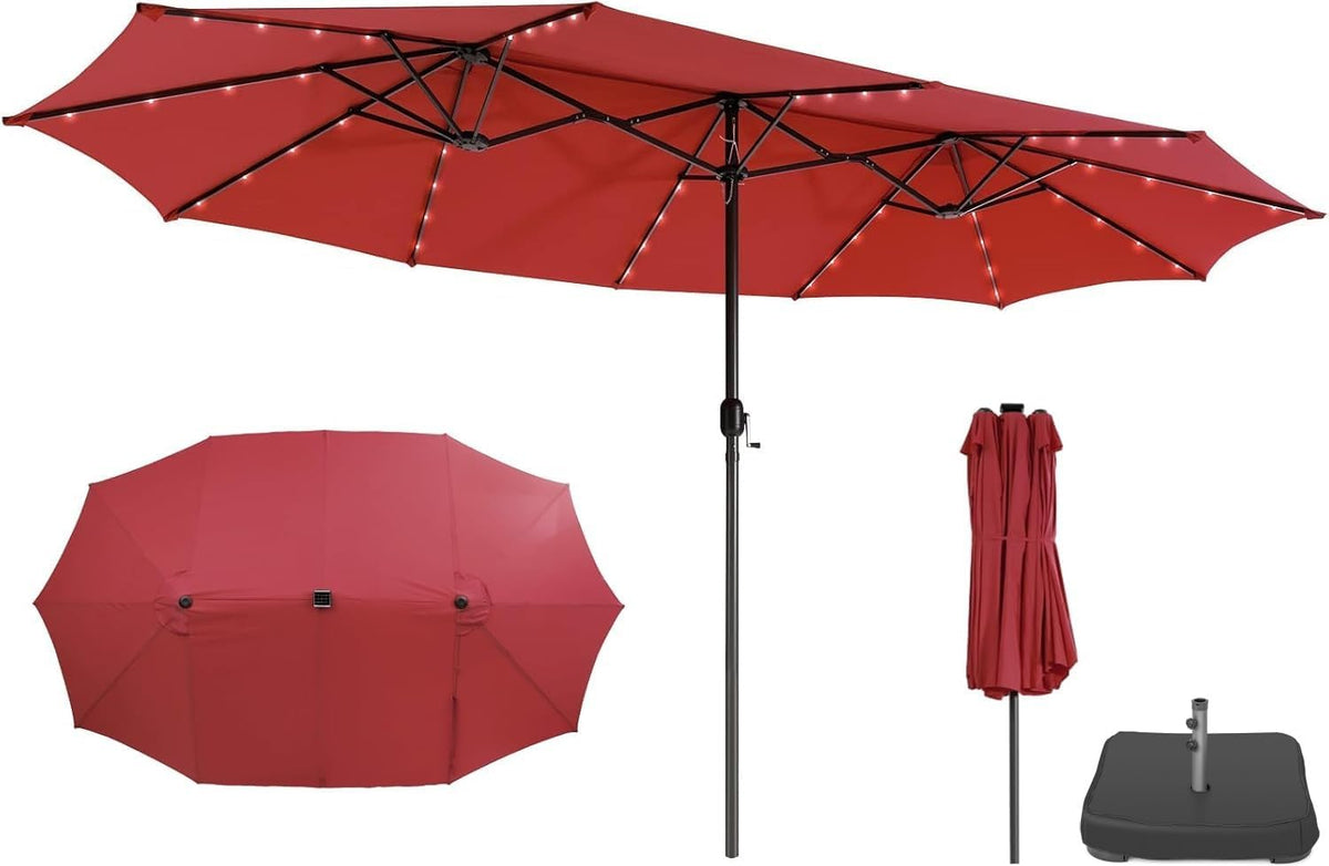Sombrilla, GOPLUS, para Piscina(Rojo, 12 Varillas Metálicas, 4,7x2,8 M, Parasol Doble con Manivela Manual, Protección UV, con Base y LED)