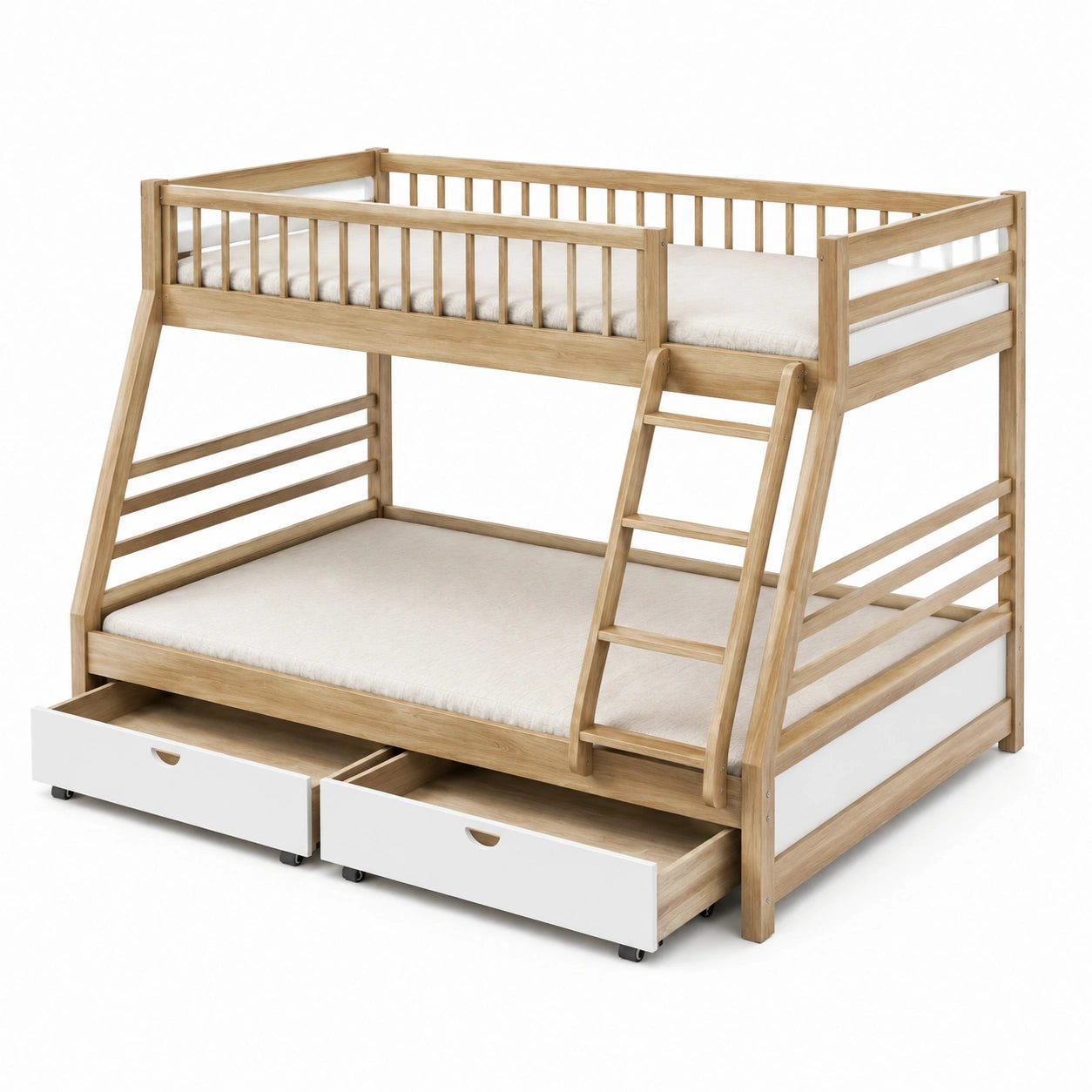 Litera de madera con cajones y escalera inclinada, 200x160x150 cm
