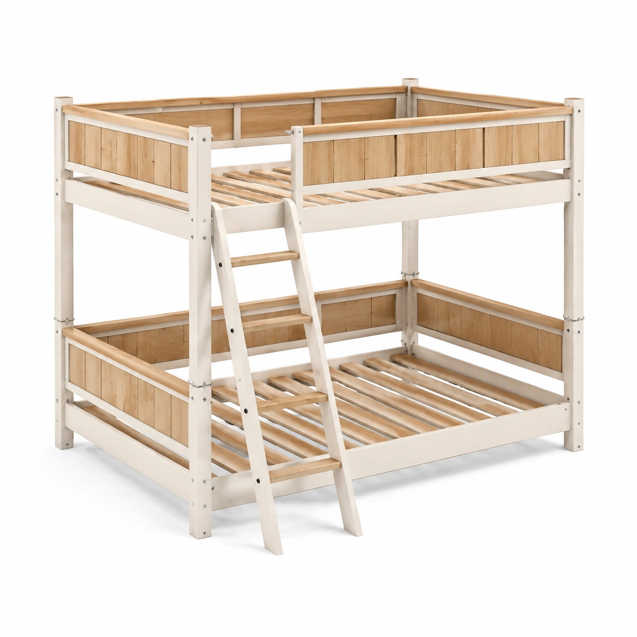 Litera de madera de pino natural y blanco con escalera 200x100x150 cm