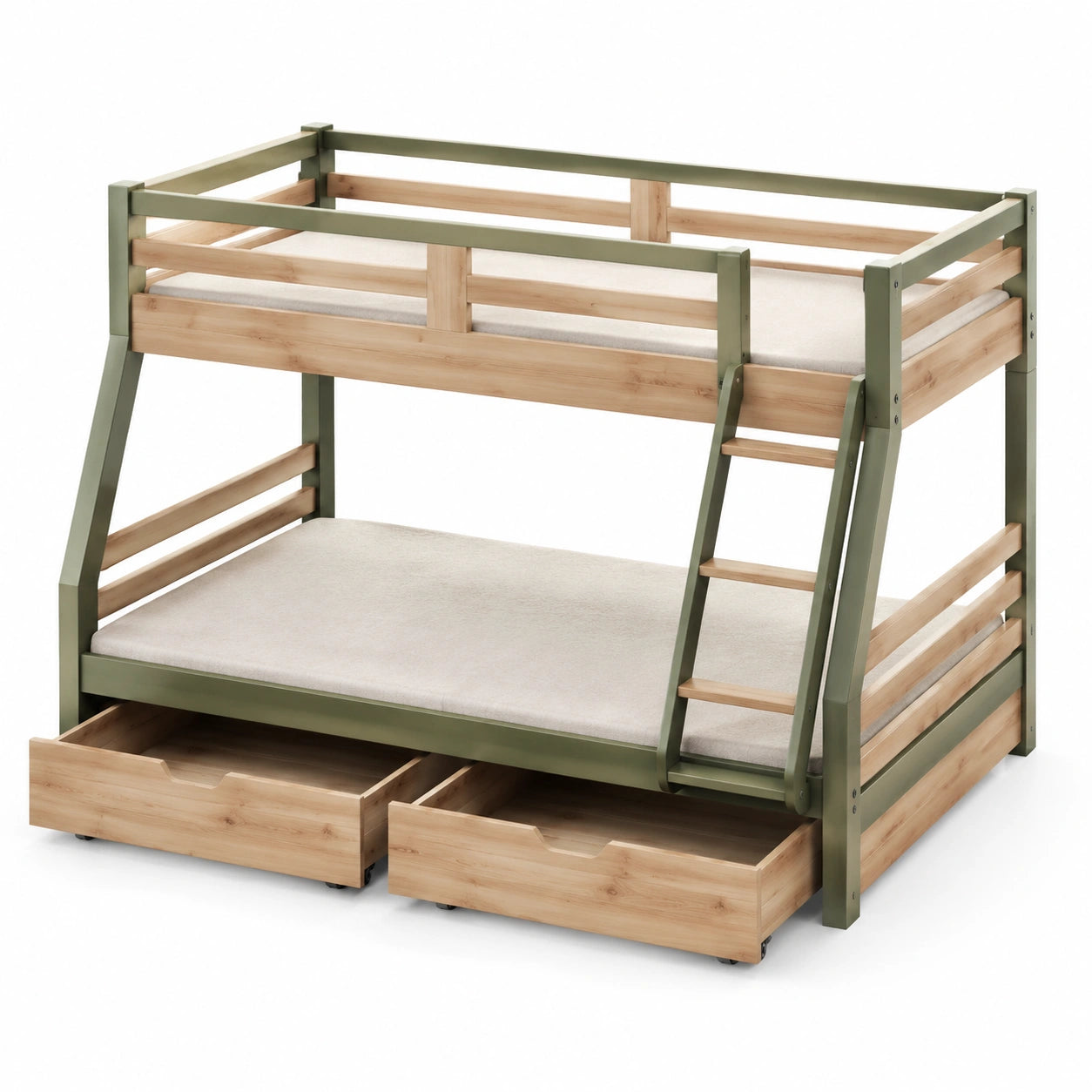 Litera de Madera y Metal con Escalera y Cajones, Verde y Natural