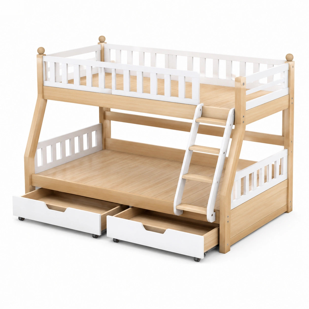 Cama litera de madera de pino natural con cajones blancos