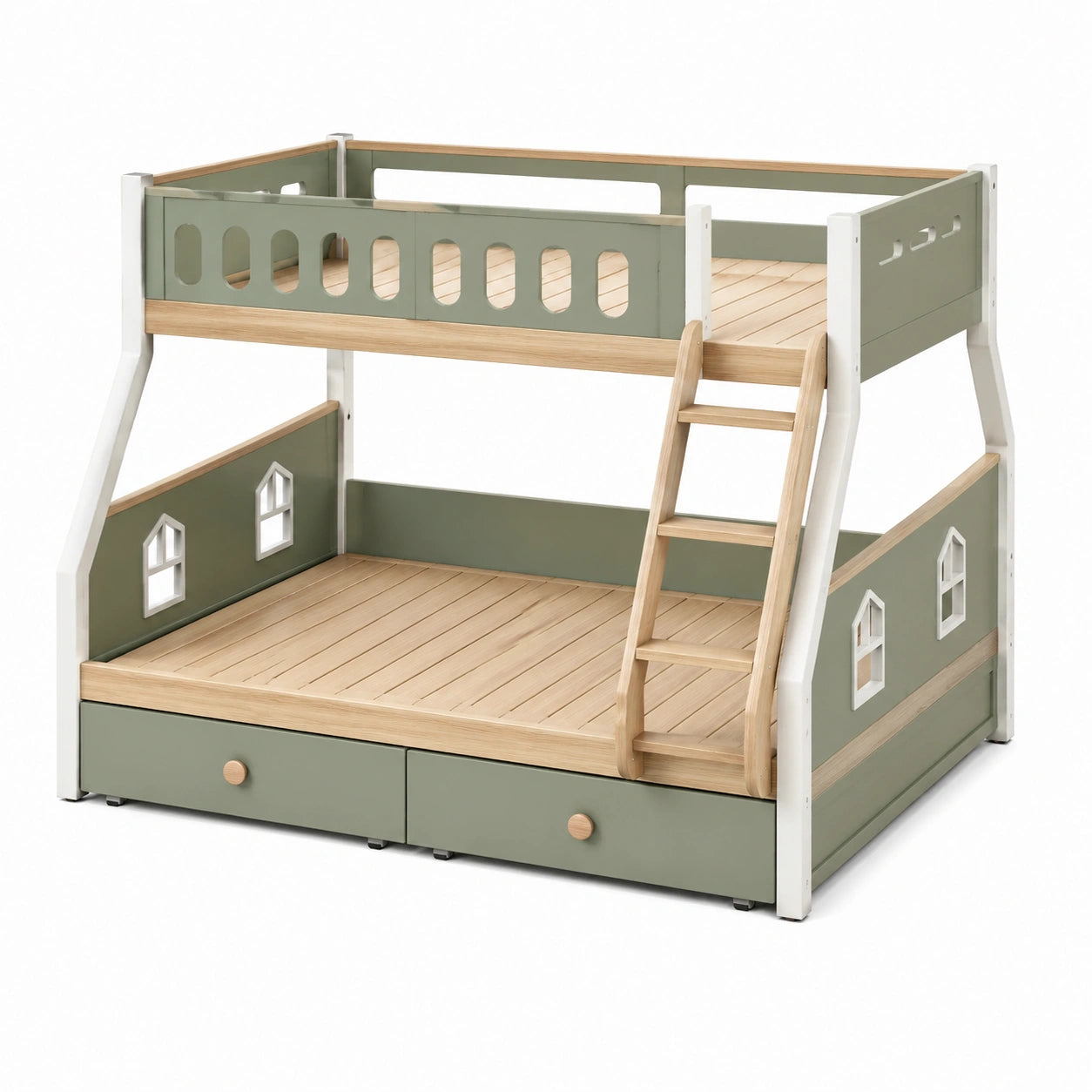 Cama litera infantil de madera y MDF con cajones verde y natural