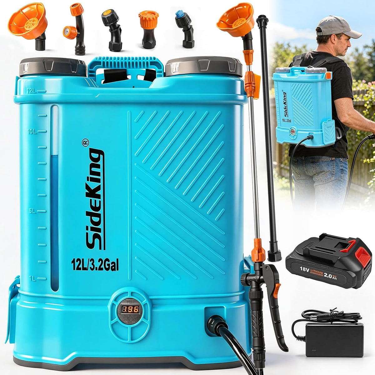 Pulverizadore, SideKing, Sulfatadora Bateria Jardín, Pulverizador Mochila Bateria 12L, Pulverizador Electrico Compatible con Makita 18V, Techos
