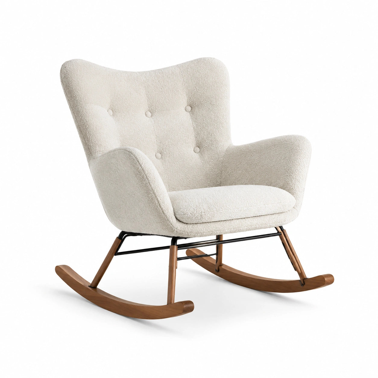Mecedora de tela blanca con base de madera y metal 85x75x92 cm