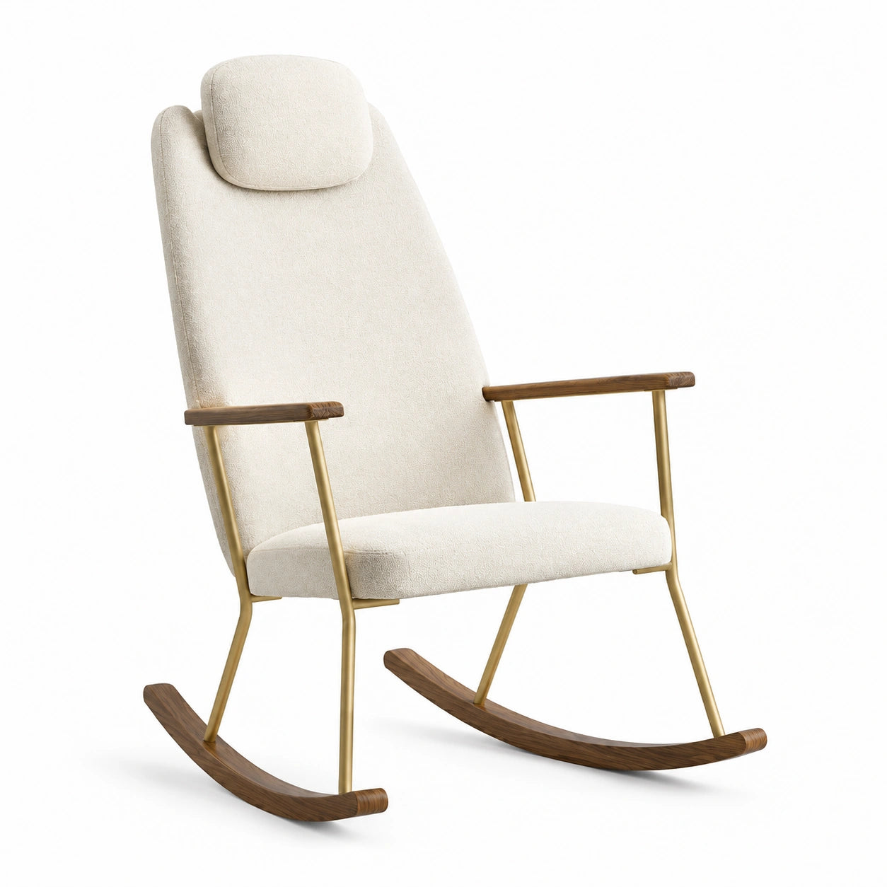 Mecedora de tela beige con estructura de metal y detalles de nogal