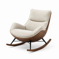 Mecedora de tela beige y madera de nogal