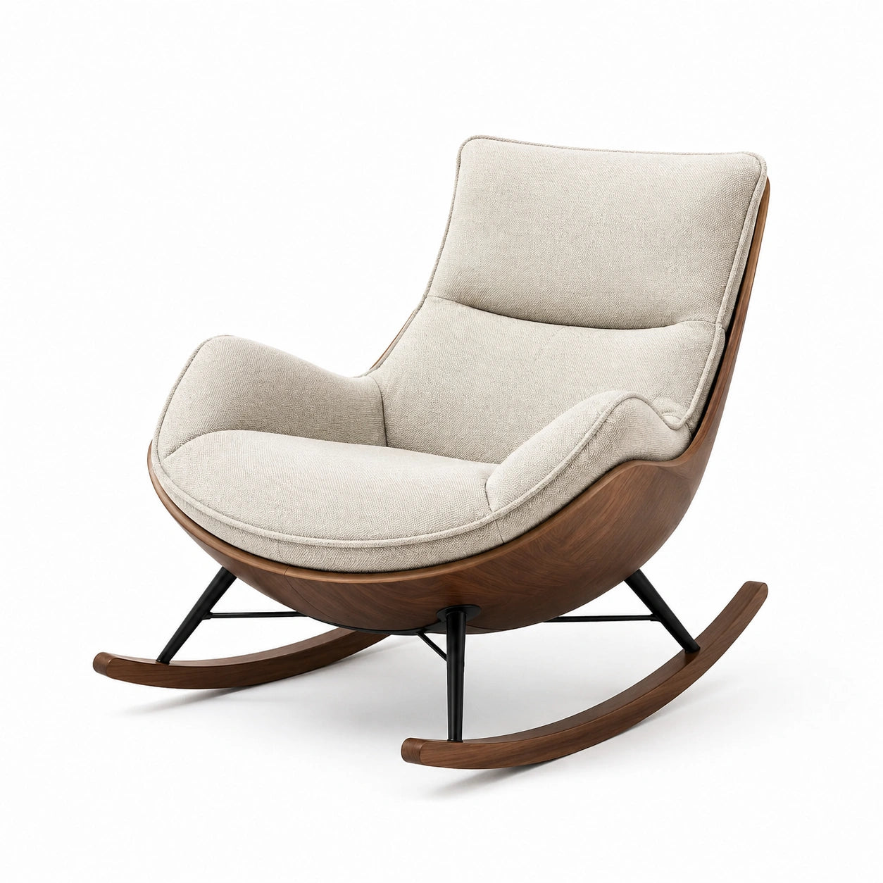 Mecedora de tela beige y madera de nogal