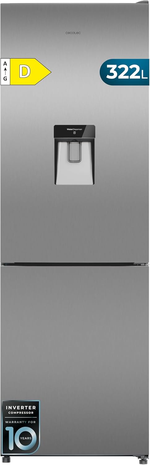 Cecotec frigorífico combi, Con Dispensador de Agua 322L Bolero CoolMarket Combi 322i WD Inox D. 185,5cm de Alto, 59,5cm de Ancho, HumidityFlex HUB