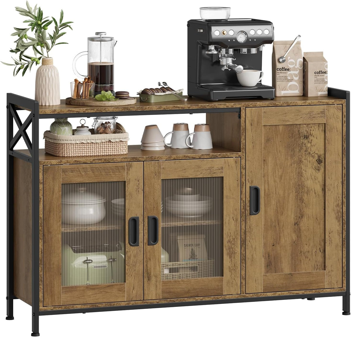 armario, WOLTU, Aparador Cocina de Almacenamiento, Mueble Auxiliar de Almacenaje para Cocina Salón y Comedor, Estructura Metal y Madera, Madera Marrón