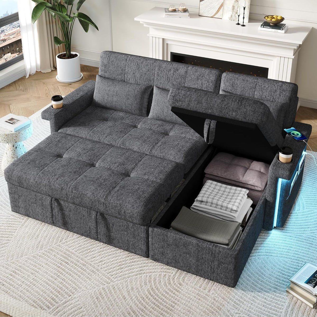 sofá cama, Bladez, portabebidas Sofá de esquina de 3 plazas con espacio de almacenamiento Chaise Longue para sala, respaldo ajustable