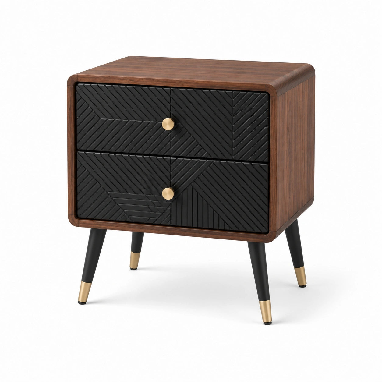 Mesita de noche de madera y metal con diseño geométrico