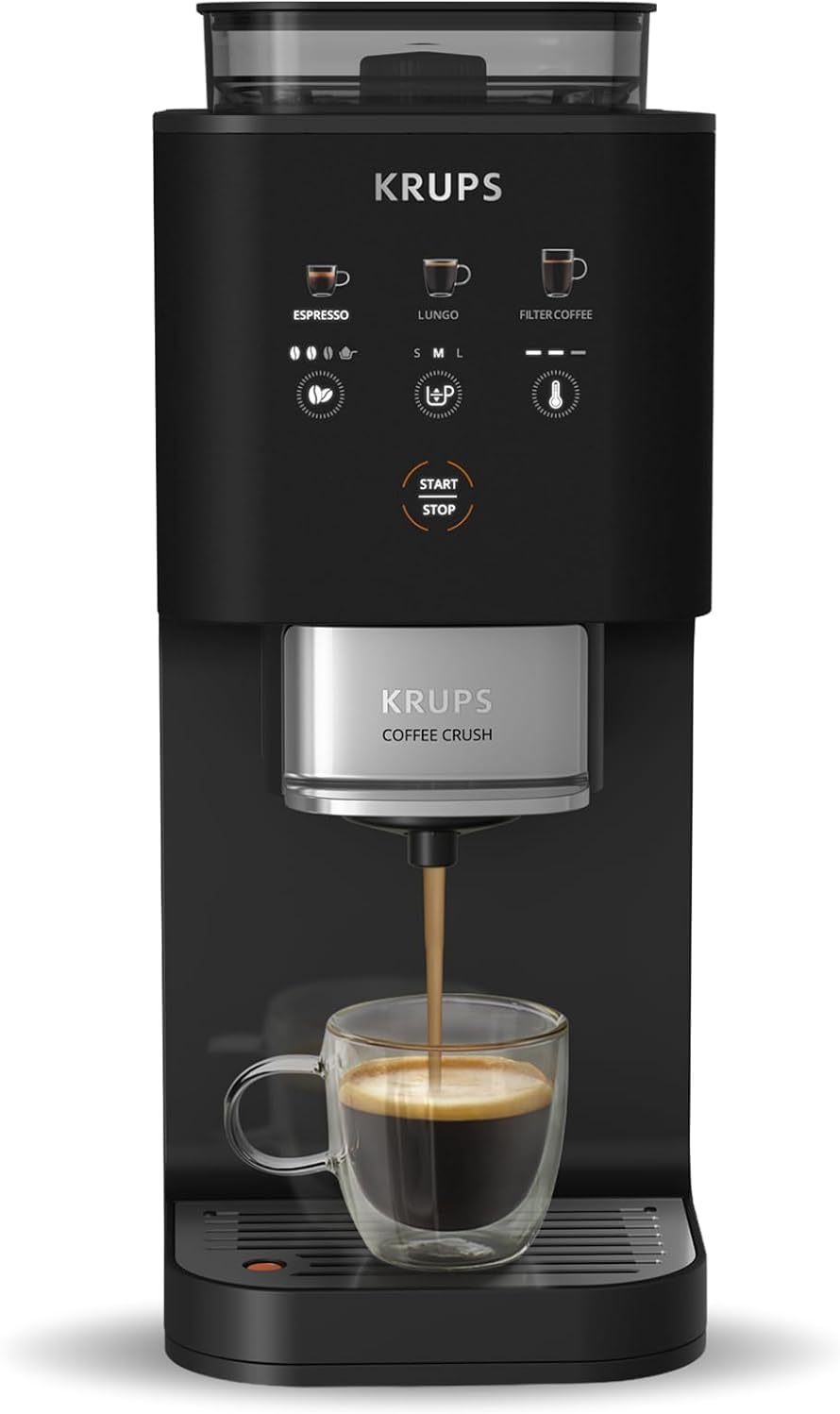 cafetera automática SA4028E0, KRUPS, 15 Bares, 3 recetas de café, 3 niveles de temperatura y de molienda, Compacta 15 cm de ancho, Coffee Crush, Negro