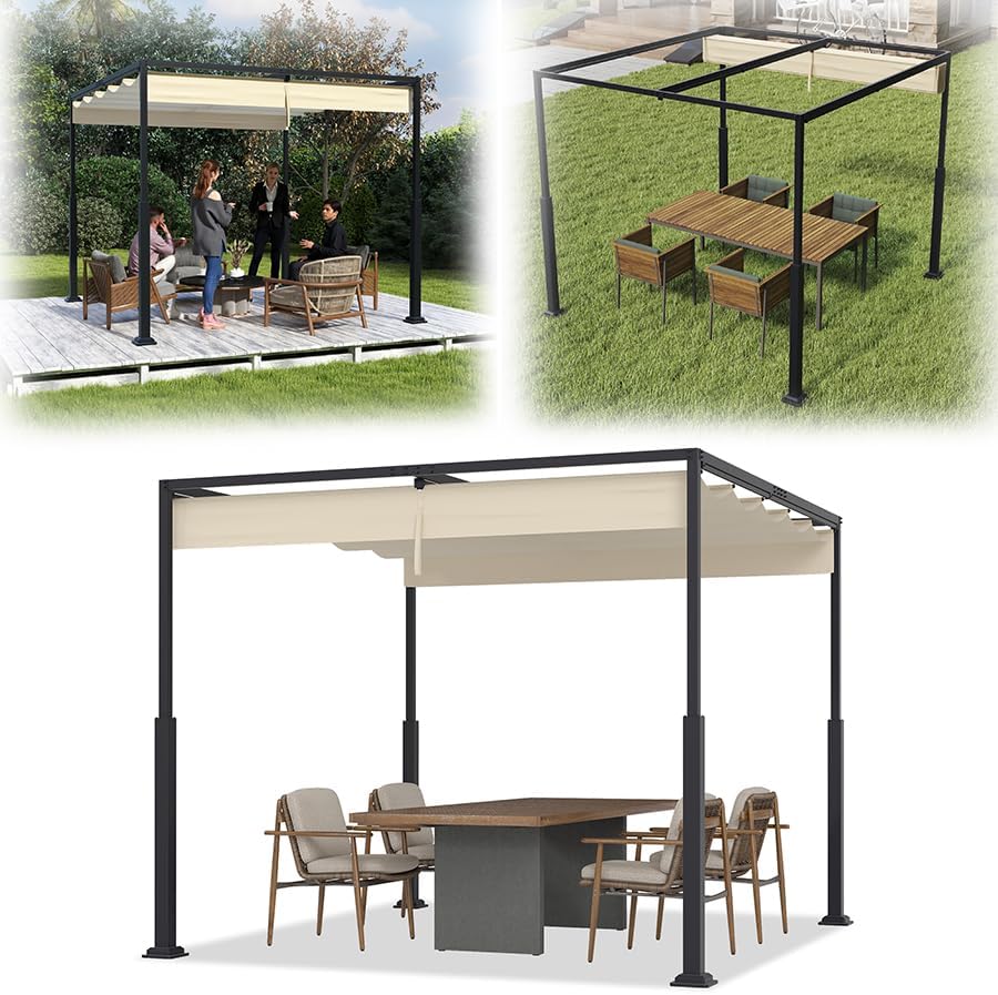 cenador, VA-Cerulean, toldo para terraza, para jardín, color beige, Pérgola de metal con techo solar, protección solar, con columnas de metal robustas