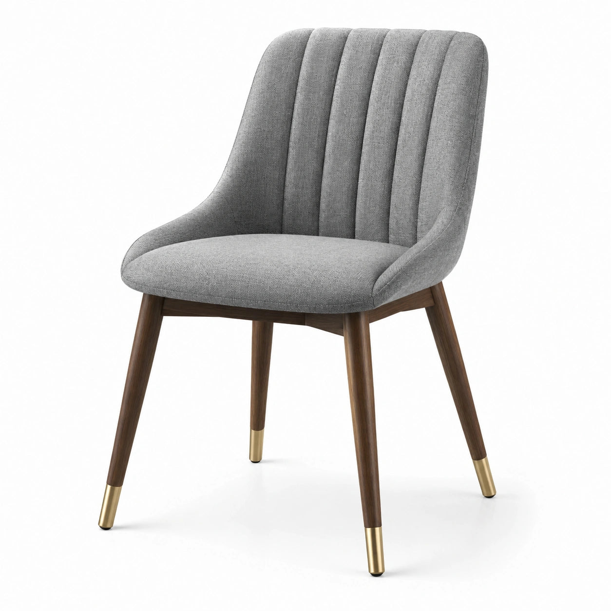 Silla de comedor de tela gris con patas de madera y detalles dorados