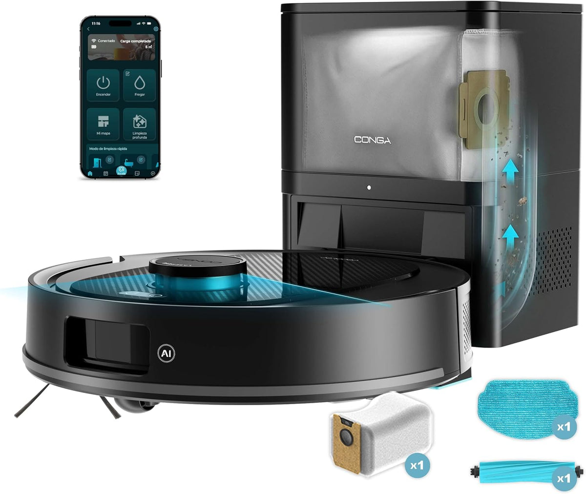 Cecotec Y80 robot aspirador, y Friegasuelos con Base de Autovaciado e IA Conga Y80 X-Treme. Navegación Láser e Inteligencia Artificial, 13000Pa