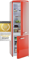 frigorífico combi, Exquisit, 244L, Consumo 202 kWh, Clase E, Cajón Verdulero, Altura Regulable, Tiradores Retro, Estantes de Cristal, año, Color Rojo