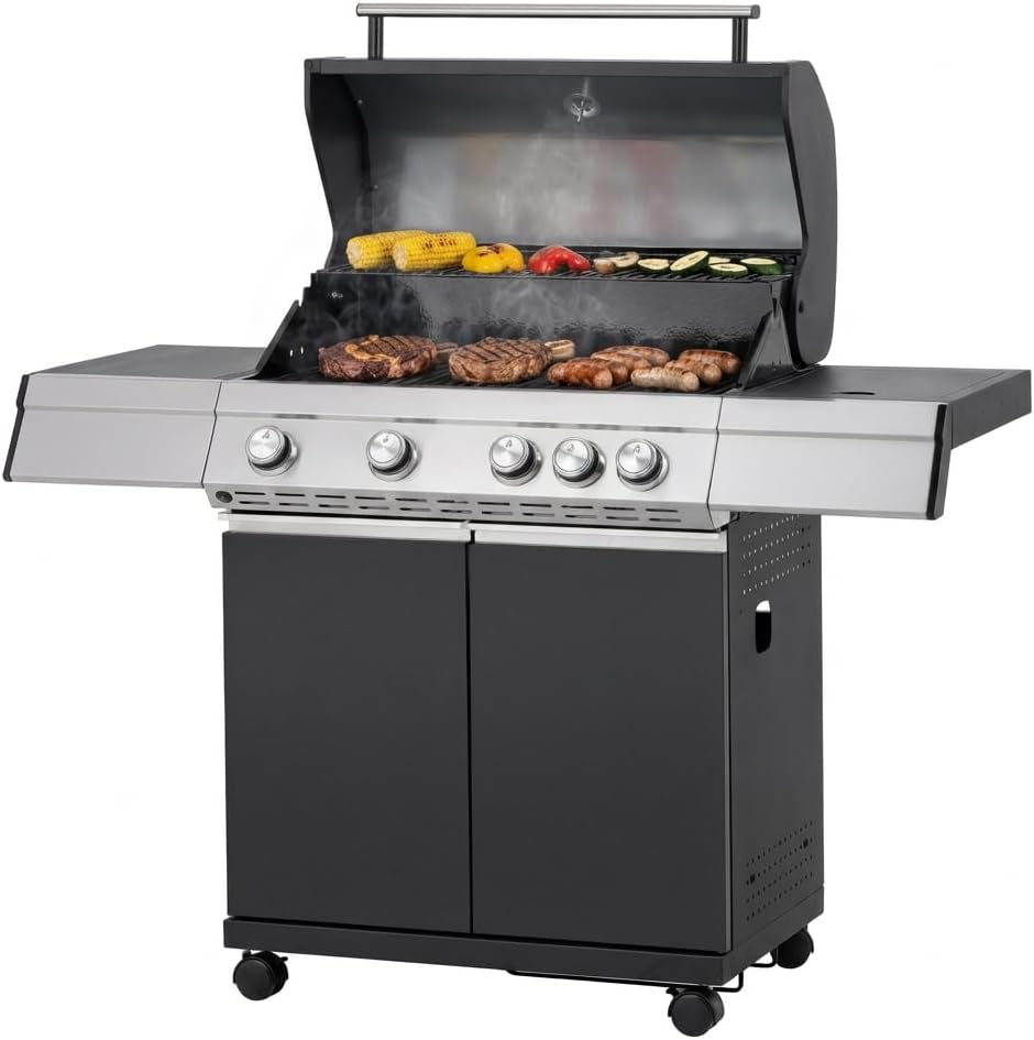 barbacoa de gas, Tarrington House, Acero, Negro, Paxton de 4 + 1 Quemadores, Tapa con Termómetro, Mesa Auxiliar, Ruedas