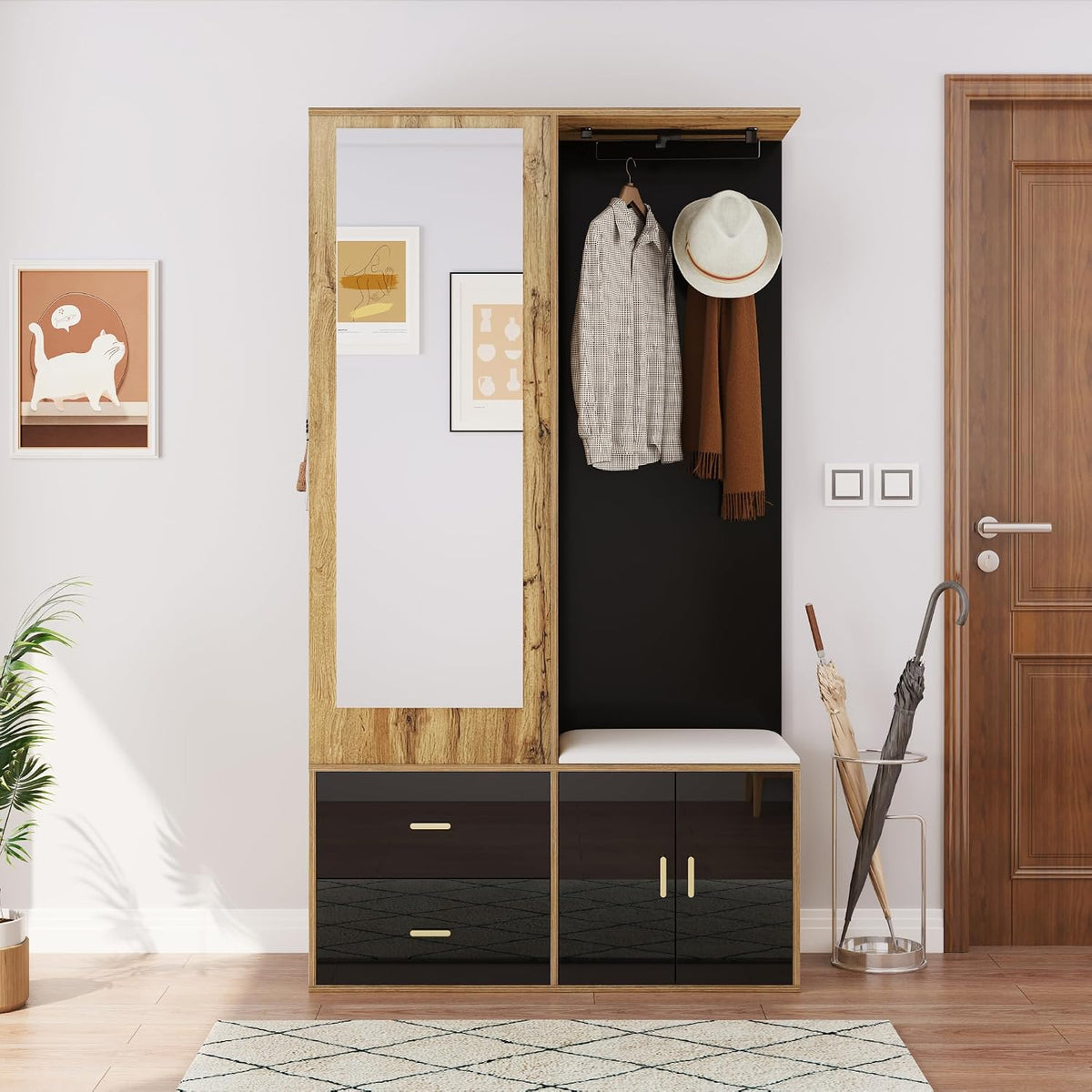 armario, Soweiz, 100x38x180cm (Negro y Color Madera), Zapatero, Banco de Zapatos con Ganchos y Barra de Ropa Extensible