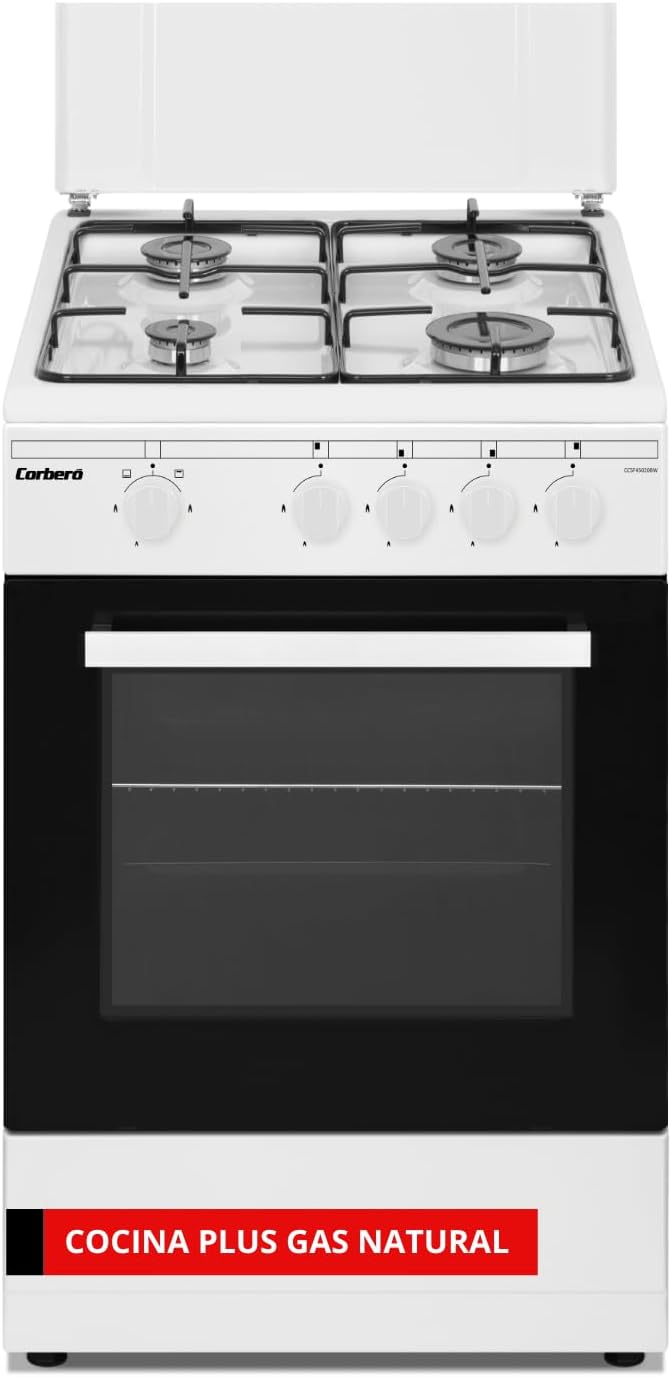 Cocinas independiente CCSF45020NW, Corbero, - Cocina Gas Natural Plus, 4 Fuegos, Horno 43L con Doble Puerta de Cristal, Blanco, Tapa Metal