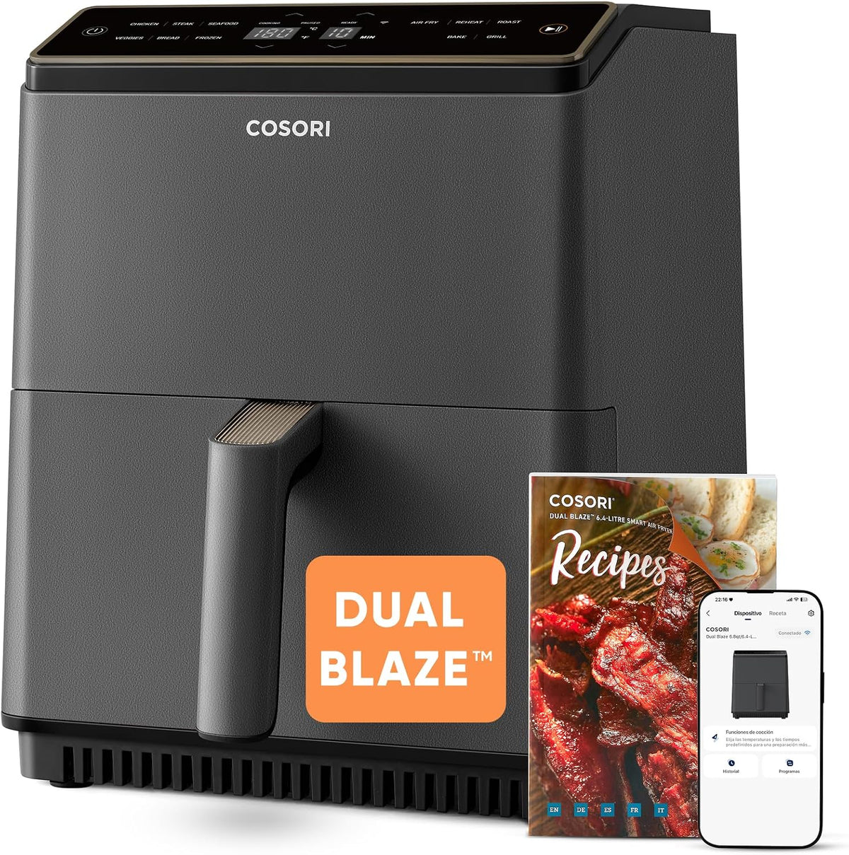 freidora de aire, Cosori, Dual Blaze Air Fryer WiFi 6,4L, 90+ Recetas en la App Creadas por Chef en Español, Temperatura y Tiempo Ajustables, Gris