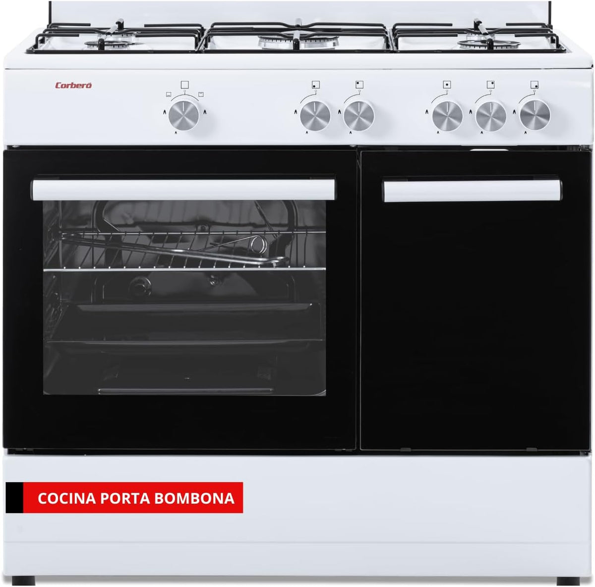 Cocinas independiente CC510GB90W, Corbero, - Cocina de gas butano 5 fuegos, 80x90x60, Horno de 60L con puerta doble, Blanco, Wok en medio, Con tapa