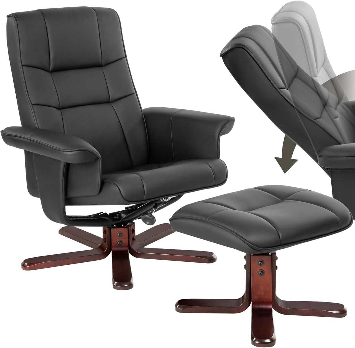 sillón, tectake, para salón, Dormitorio o Lectura - Negro, Respaldo oscilante y 360° Giratorio, Relax reclinable con Taburete, Marrón