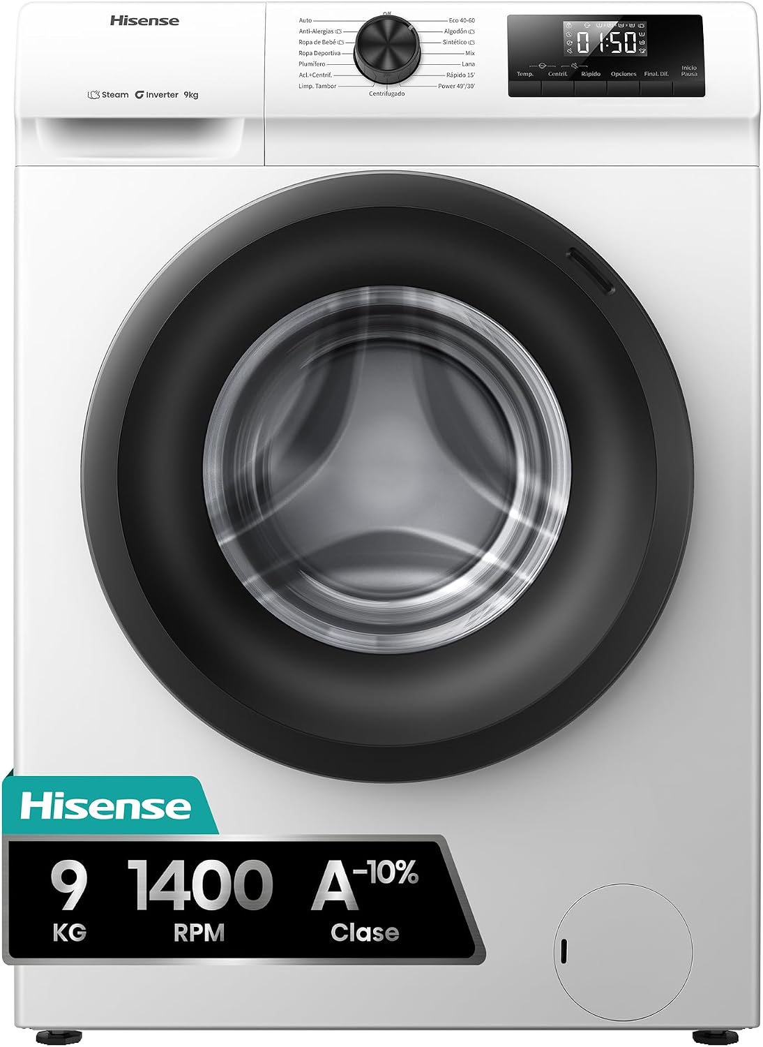 Hisense WF1Q9041BW lavadora, Función Vapor 99,9%, clase A, Lavado Rápido+, Lavado Automático, Finalización Diferida, Tecnología Inverter, Color Blanco