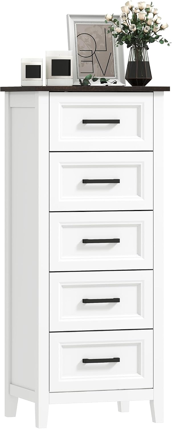 cómoda, HOMCOM, Dormitorio Estrecho y Alto con Encimera Efecto Madera, Cajonera para Espacios Pequeños, Salón, Blanco, 45x35x106 cm, Oficina