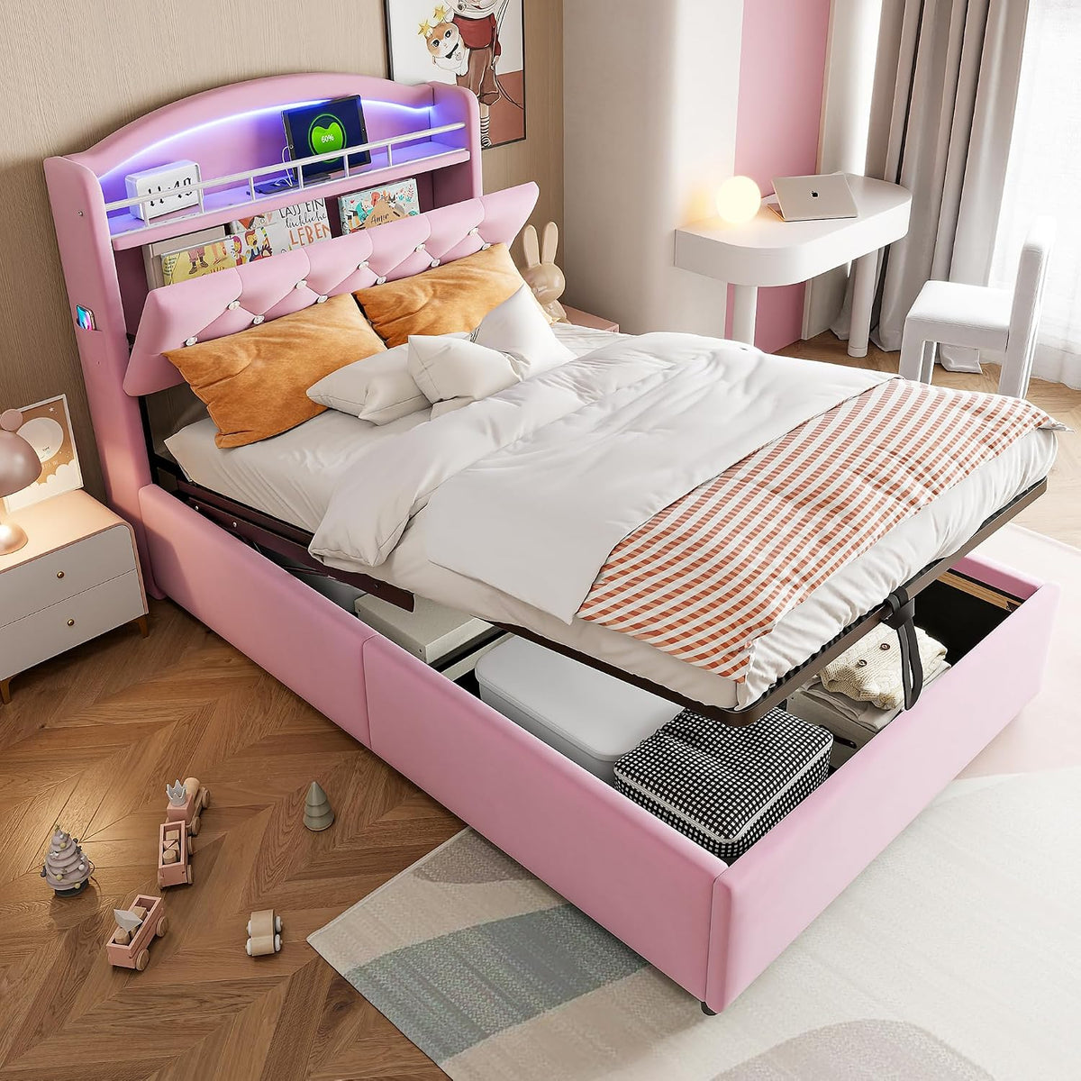 cama, Ktipm, Terciopelo, 90x200 cm s Infantiles con USB y Cabecero de Almacenamiento, Tapizada Individual con LED y Almacenaje Hidráulico, Rosa