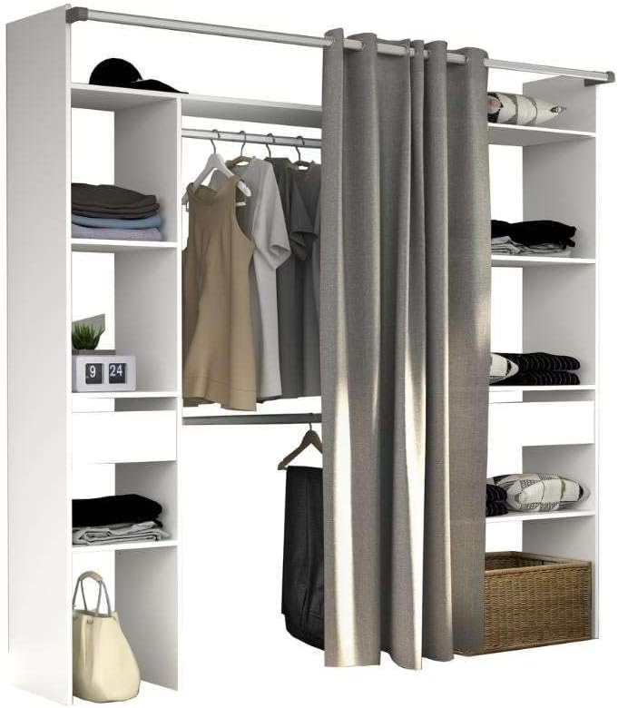 armario, Miroytengo, 2 Cajones, Cortina y 2 Barras 198x200x48 cm, Vestidor Modular Abierto Custom en Color Blanco Incluye Modulo D + G con 8 Estantes