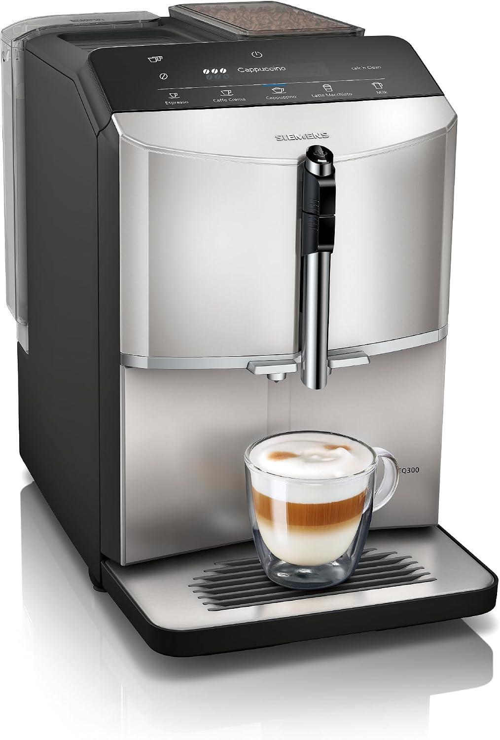 SIEMENS EQ300 cafetera, TF303E07, ceramDrive, milkPerfect, Función oneTouch, Acero