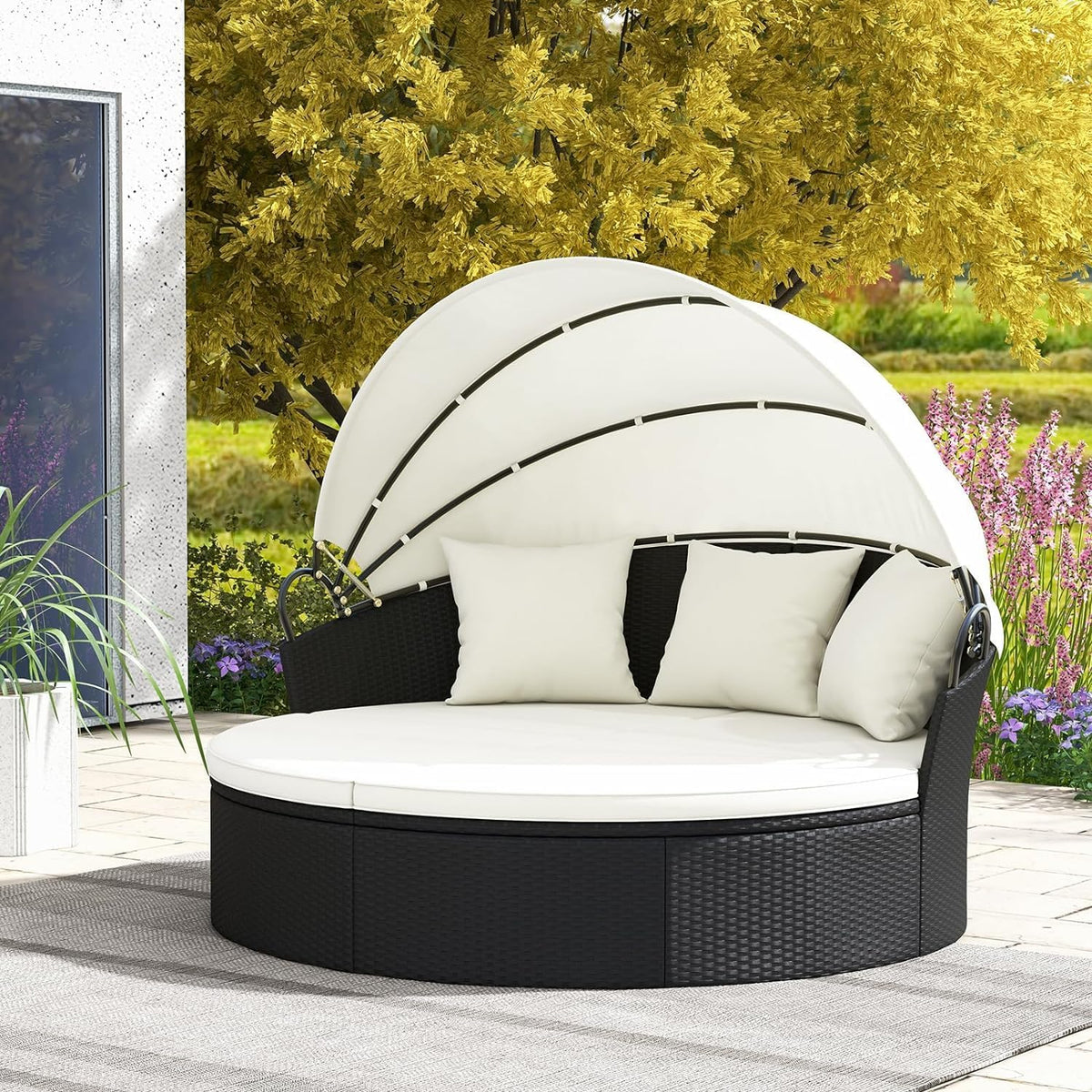 sofá cama, GIANTEX, para Exterior, Tumbona de Jardín, Redondo de Ratán con Toldo Plegable, Incluye Cojines