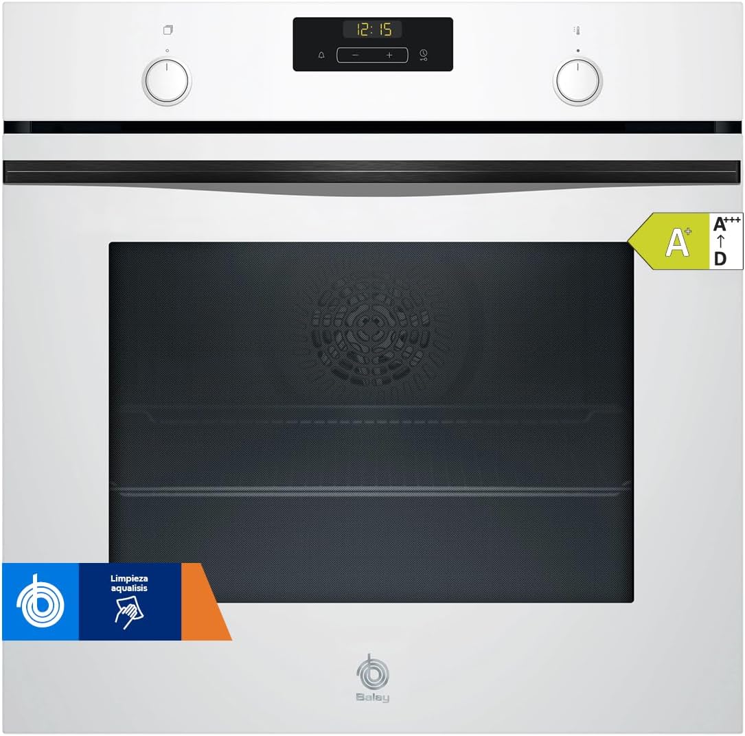 horno de pared 3HB5131B3, Balay, 60 cm, Raíles 1 nivel, - Horno multifunción, Control Comfort, Aqualisis, cristal Blanco